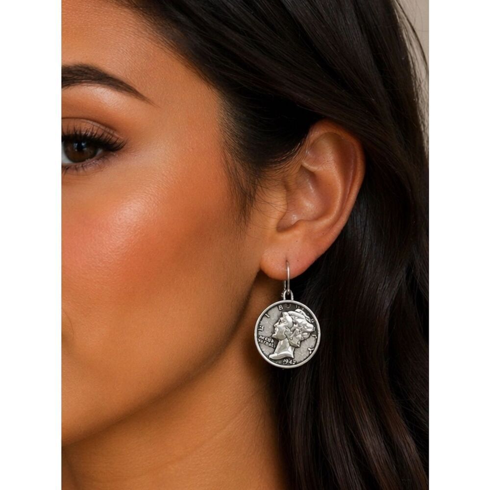Silver-Tone Mercury Dime Drop Earrings - Classic Coin Style R 540